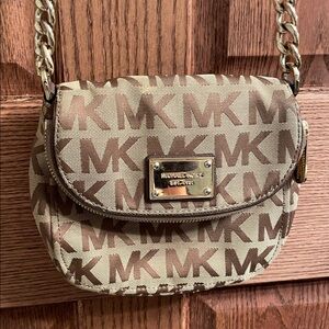 Michael Kors Tan and Brown MK Logo Crossbody with Gold-Tone Chain